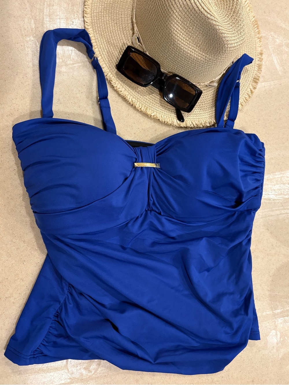 2BAMBOO Royal Blue Ruched Swim Top 38D with Gold Accents NWT